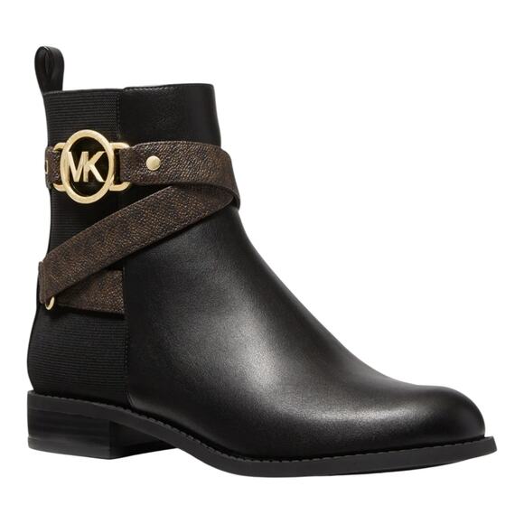 Michael Kors Women Rory Signature Ankle Side Zip Flat Booties Black Brown Size 5 - Picture 1 of 4